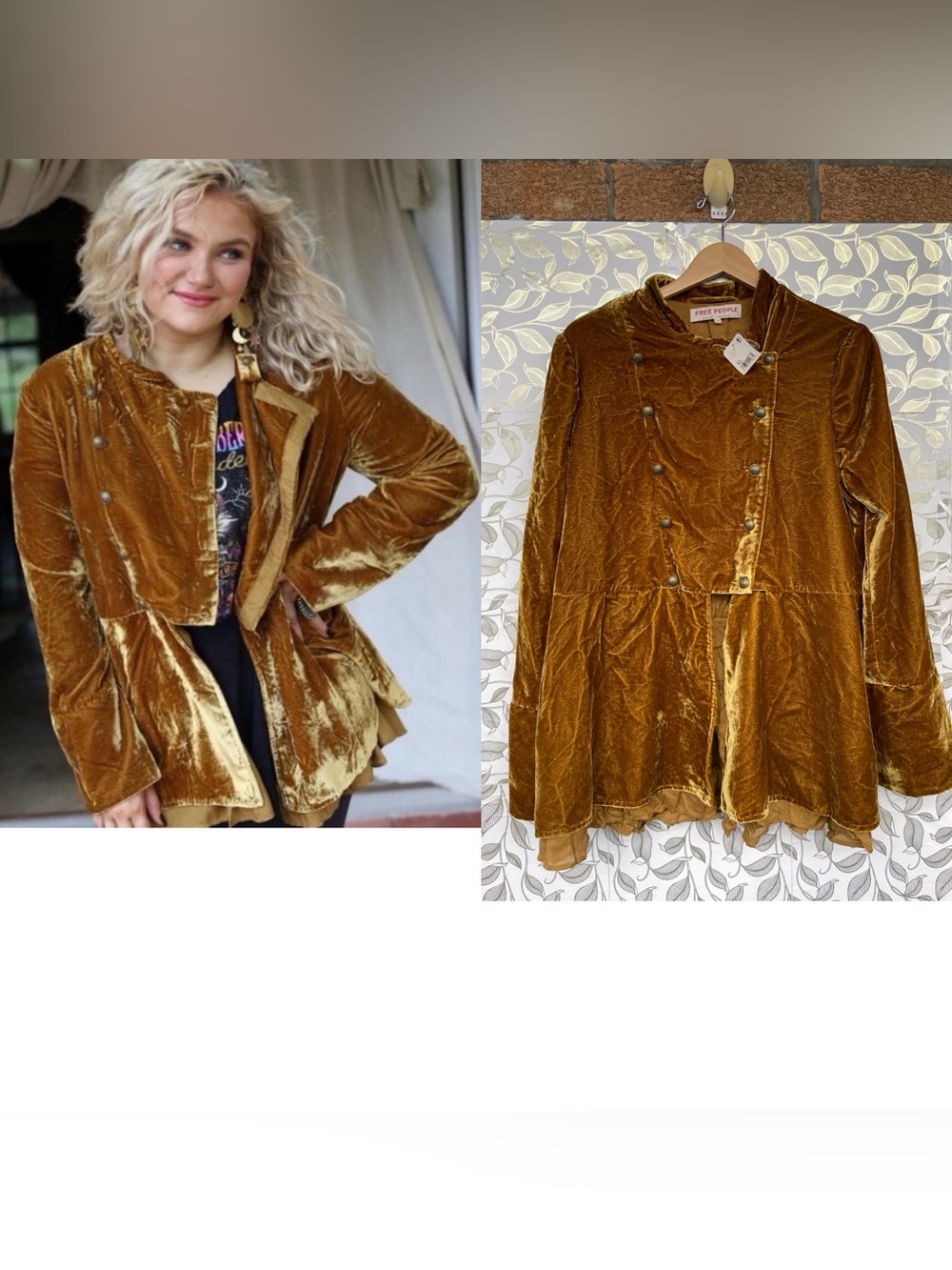 Free People Crushed Velvet Button Up Peplum Tunic Jacket XL Boho Vintage